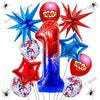 A collection of red, blue, and clear foil balloons shaped like the number one and stars with spider themes.