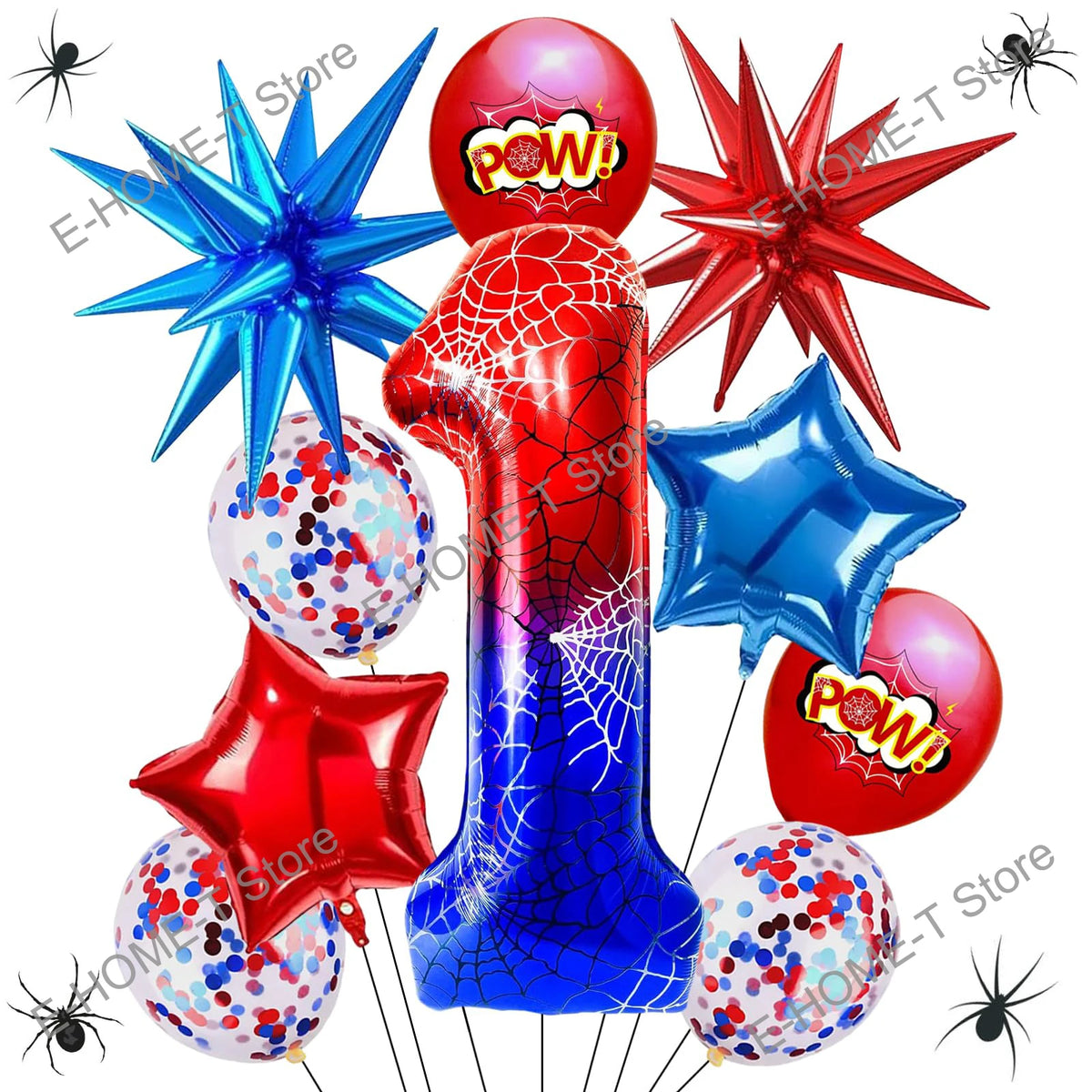 A collection of red, blue, and clear foil balloons shaped like the number one and stars with spider themes.
