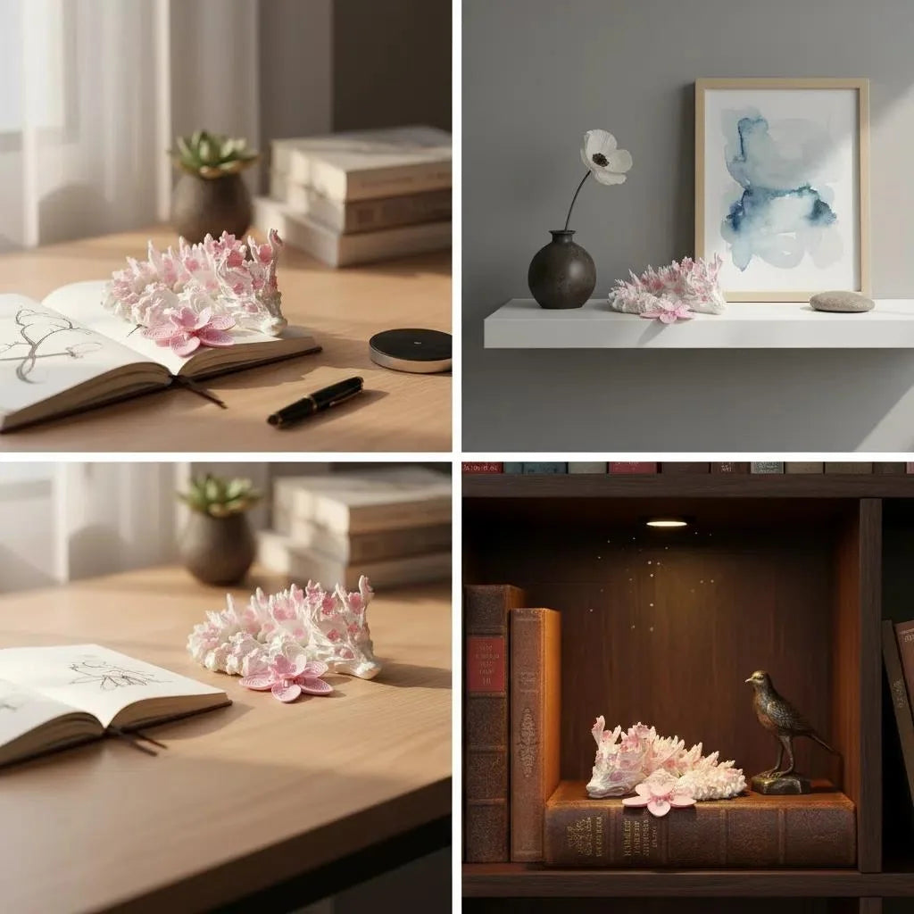 A collection of delicate pink cherry blossom flowers and a miniature figurine displayed on a wooden table.