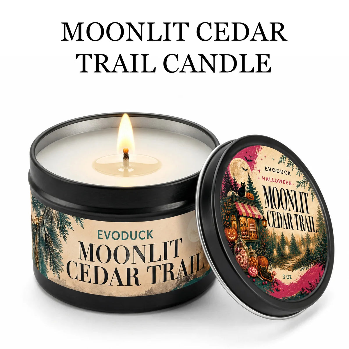 A jar of Moonlit Cedar Trail candle with a lit wick and an open lid, set against a white background.
