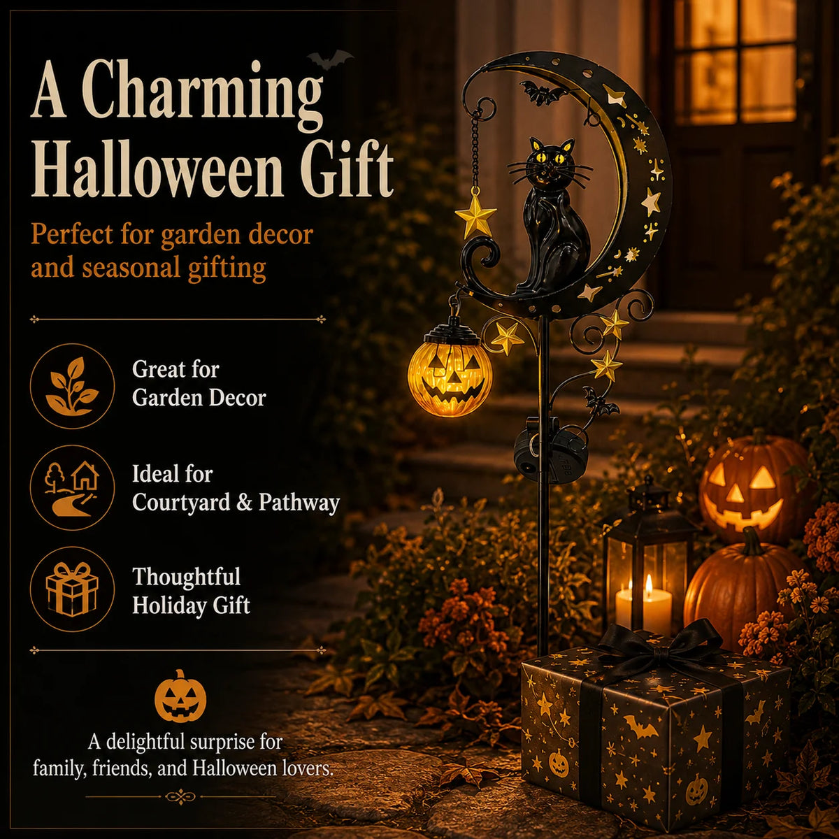 A black cat moon lantern with a pumpkin decoration displayed on a dark garden path.