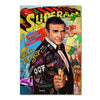 A vibrant abstract graffiti canvas wall art print featuring a superhero theme with bold colors and text.