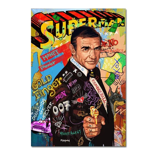 A vibrant abstract graffiti canvas wall art print featuring a superhero theme with bold colors and text.