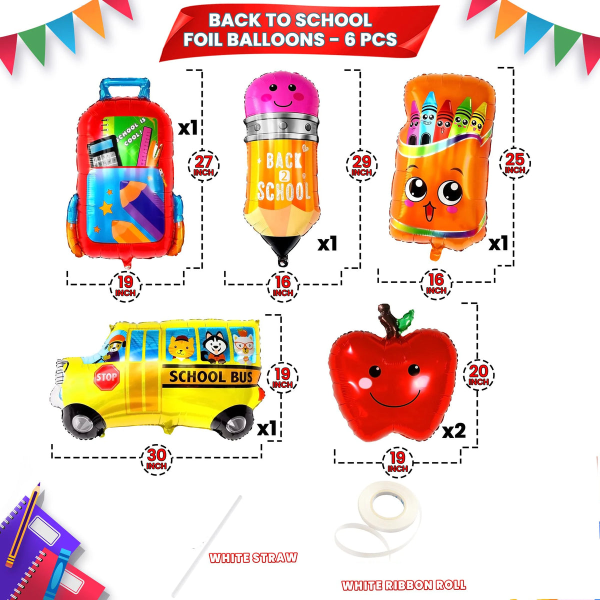 A set of six foil balloons including a backpack, a pencil, a school bus, and a red apple for back-to-school celebrations.
