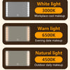 Three options for LED light on a wall mounted mirror: White light (3000K), Warn light (6500K), and Natural light (4500K).