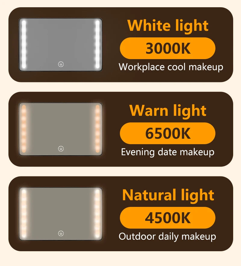 Three options for LED light on a wall mounted mirror: White light (3000K), Warn light (6500K), and Natural light (4500K).
