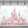 A watercolor illustration of a pink castle with towers and spires set against a cloudy sky.