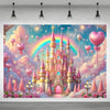 A vibrant pink and gold castle backdrop featuring a rainbow, pink clouds, and floating heart-shaped balloons for a birthday p