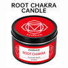 A jar of Root Chakra candle with a red label featuring a stylized chakra symbol.