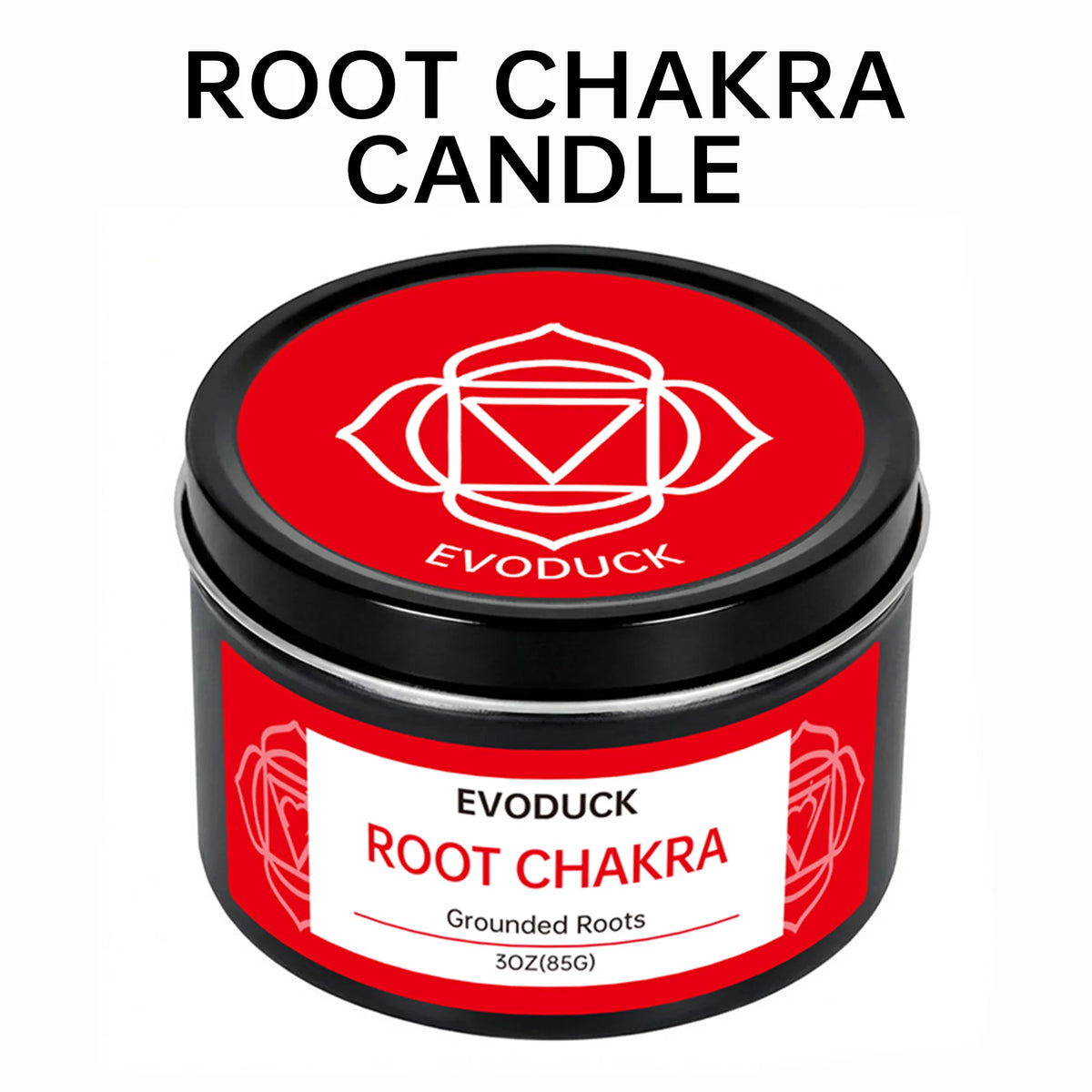 A jar of Root Chakra candle with a red label featuring a stylized chakra symbol.