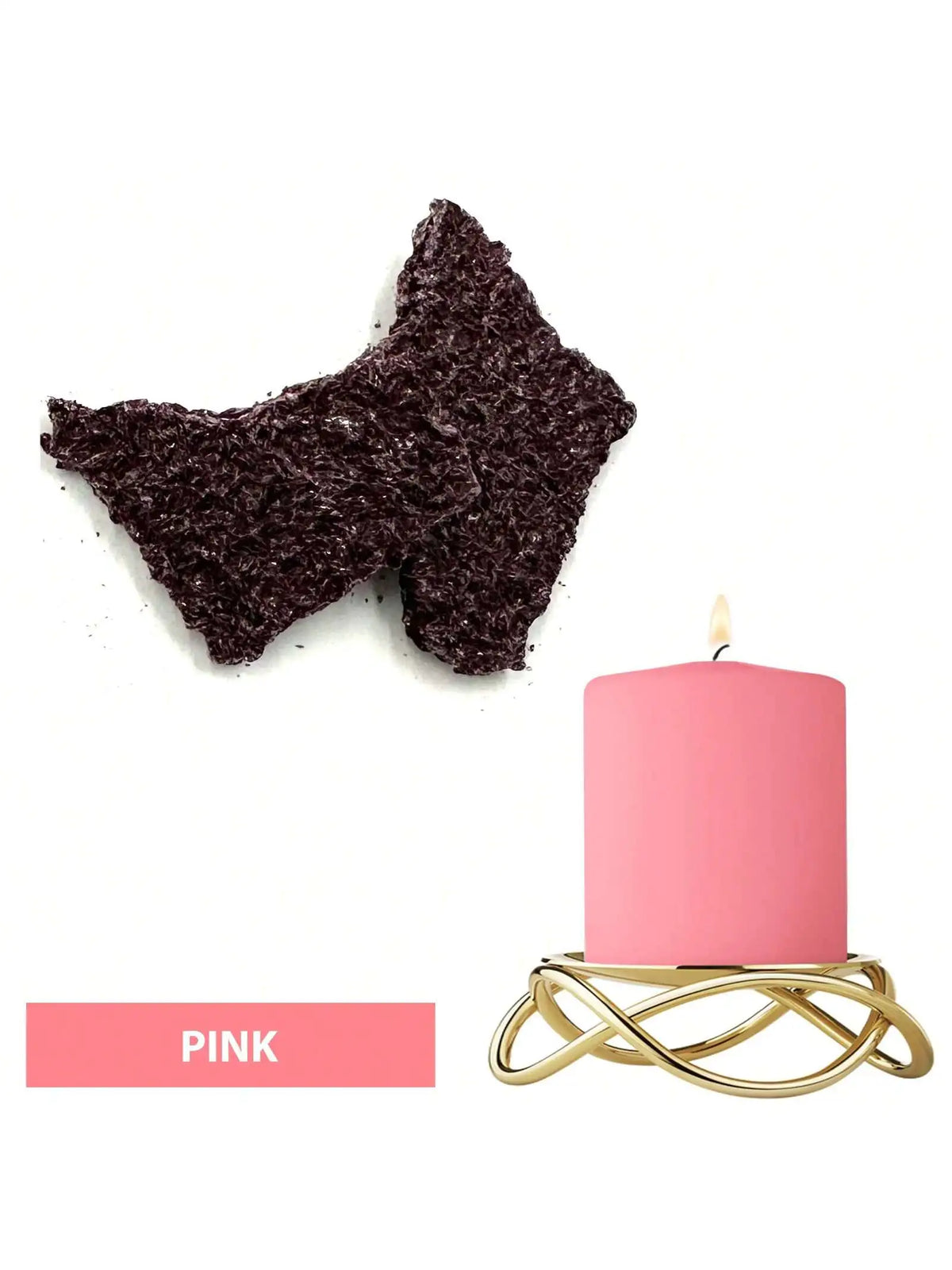 Pink candle in a gold wire holder next to a pile of dark pink candle dye blocks.