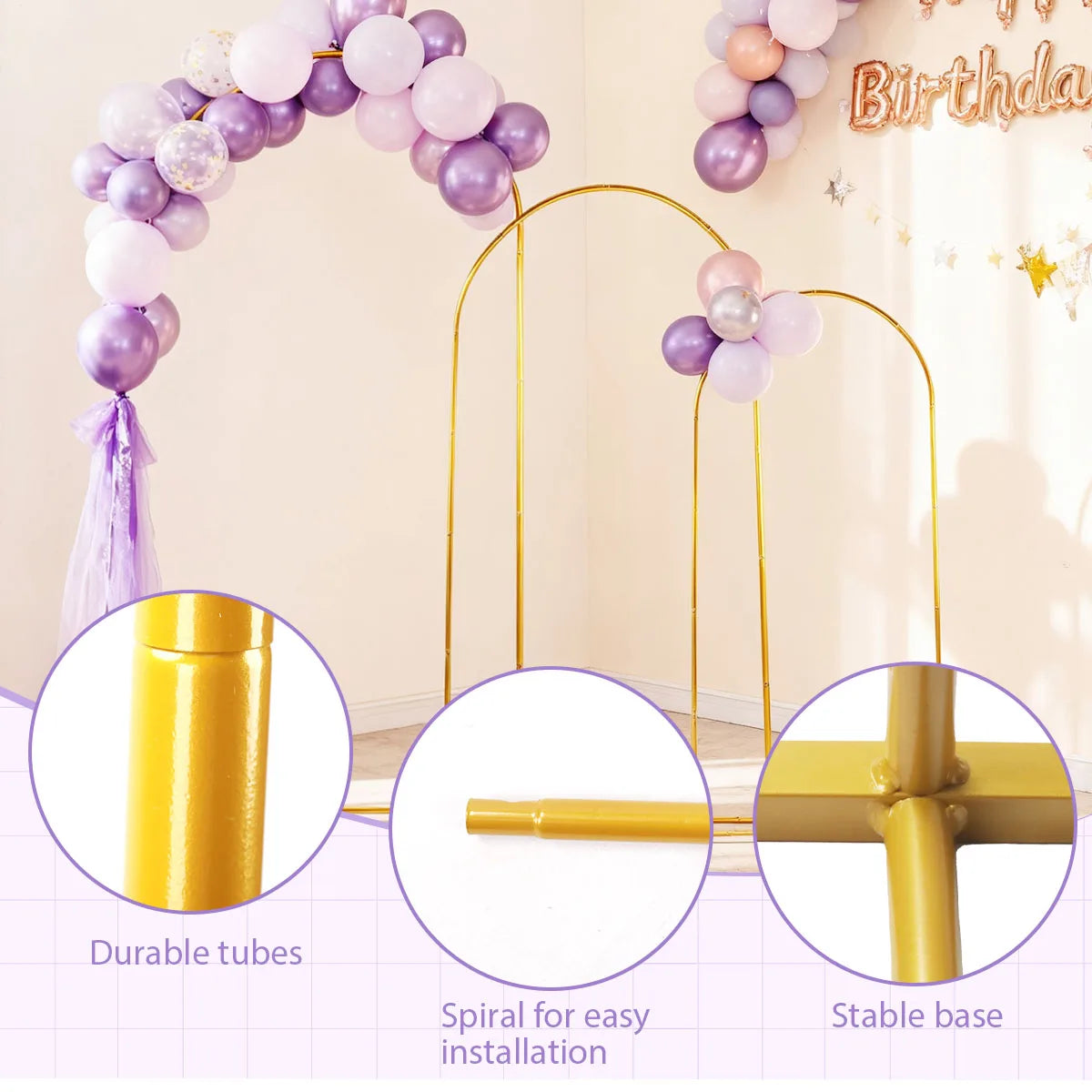 Adjustable metal arch backdrop kit with purple and pink balloons, durable tubes, spiral for easy installation, and stable bas