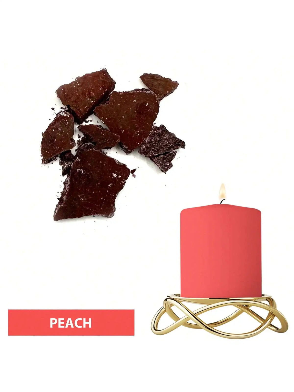 A pink candle in a gold holder with dark reddish-brown dye blocks nearby.