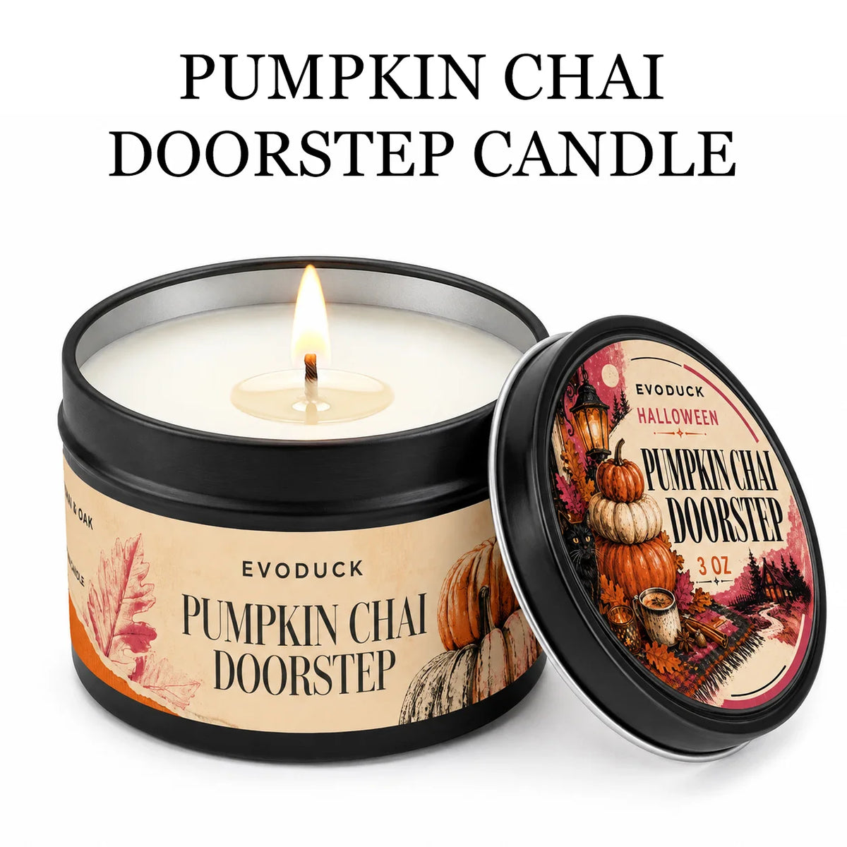 A jar of Pumpkin Chai doorstep candle with a lit wick and label showing seasonal imagery.
