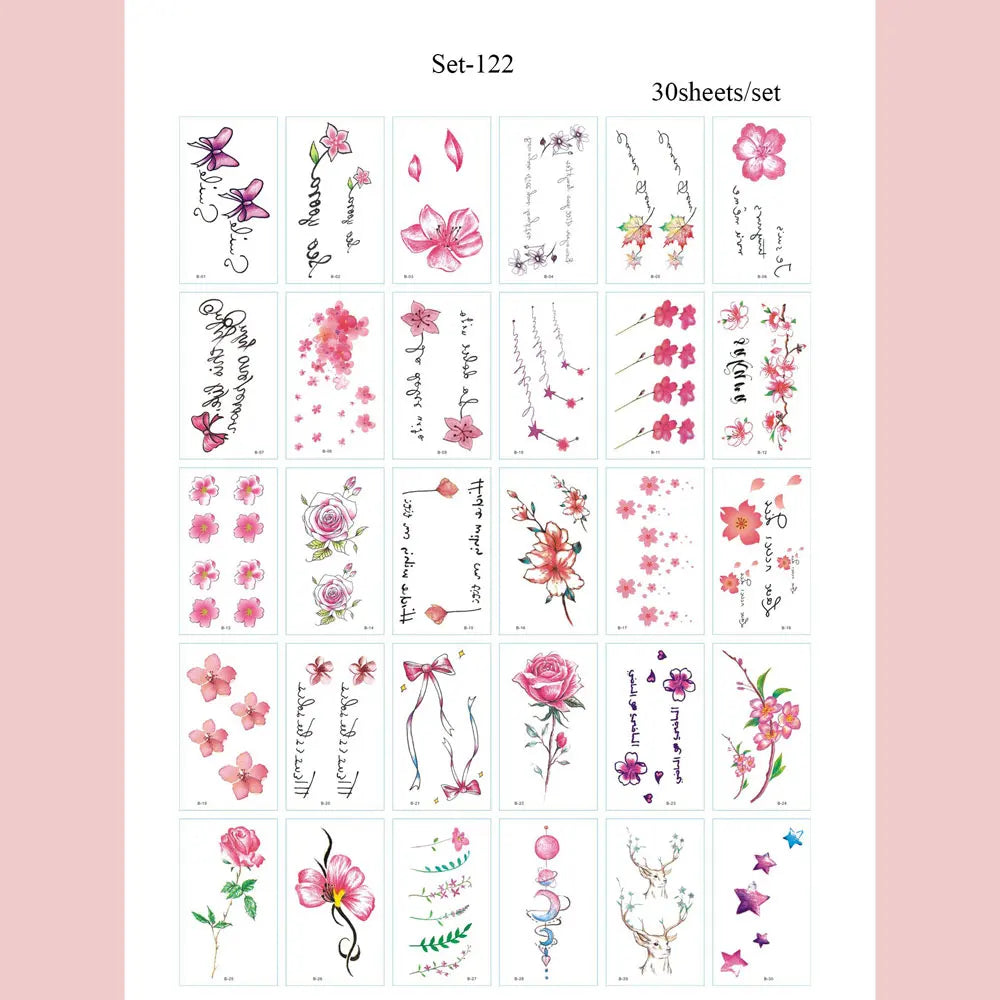A set of 30 sheets containing various floral and nature-themed temporary body art stickers for decoration.
