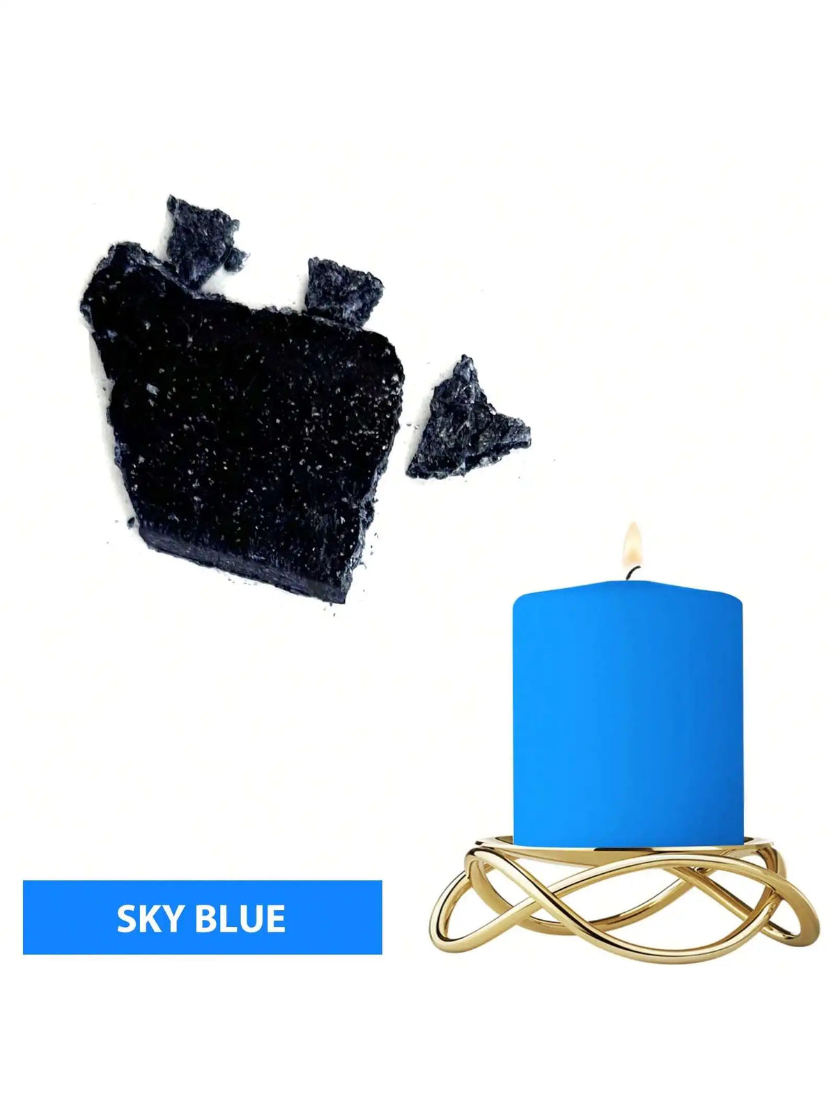 A sky blue candle in a gold wire holder next to black dye blocks.