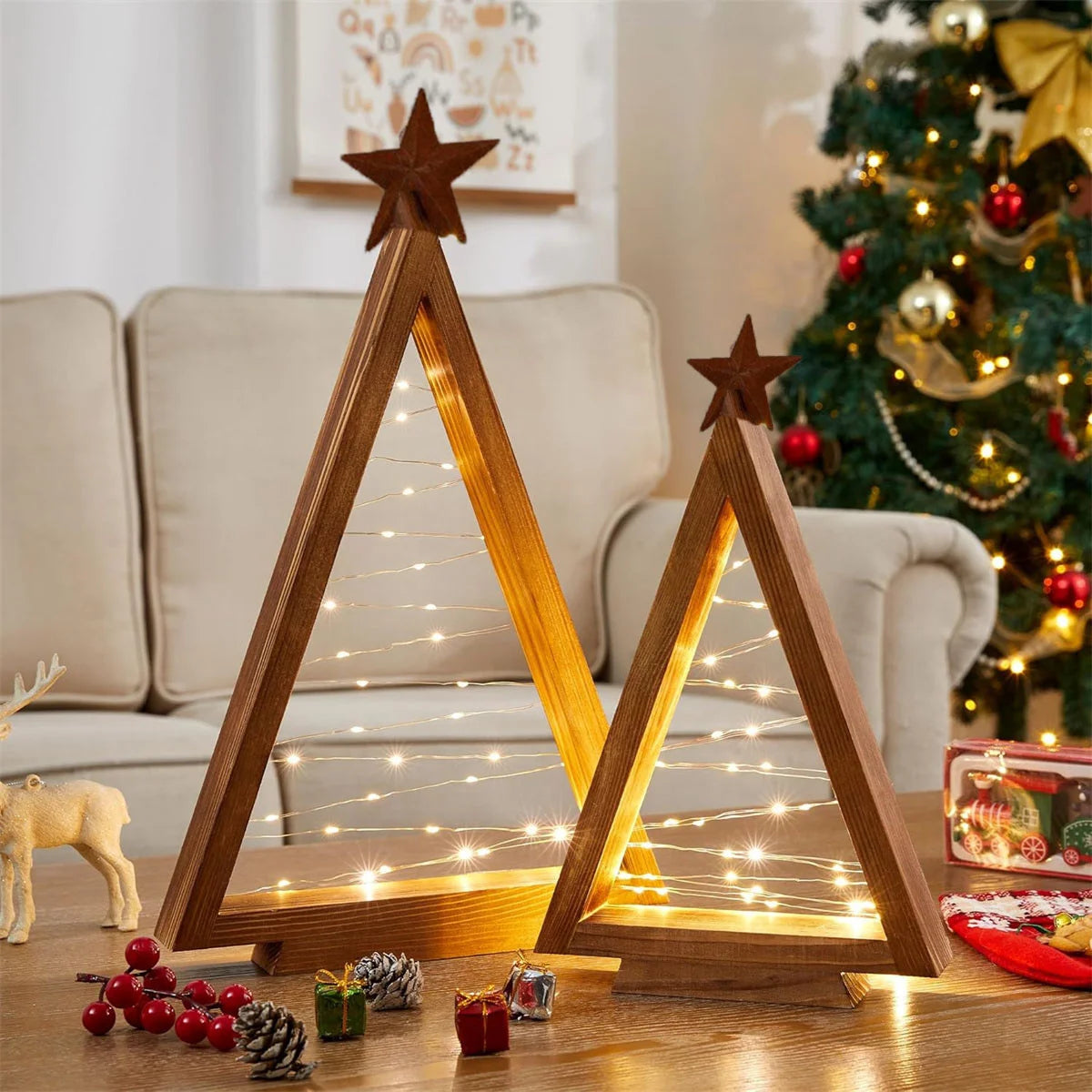 Set of 2 Wooden Tabletop Christmas Trees with Warm White Lights