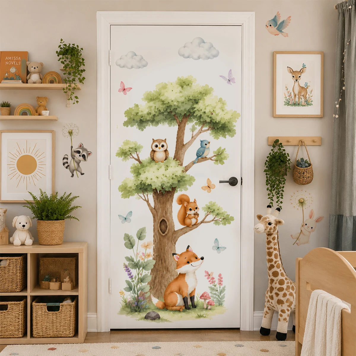 Watercolor woodland forest animal wall decals featuring various forest animals like a fox, deer, and owl on a white door.