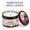 A jar of Berry Sugar Spell candle with a lit wick and an open lid shown next to the product title.