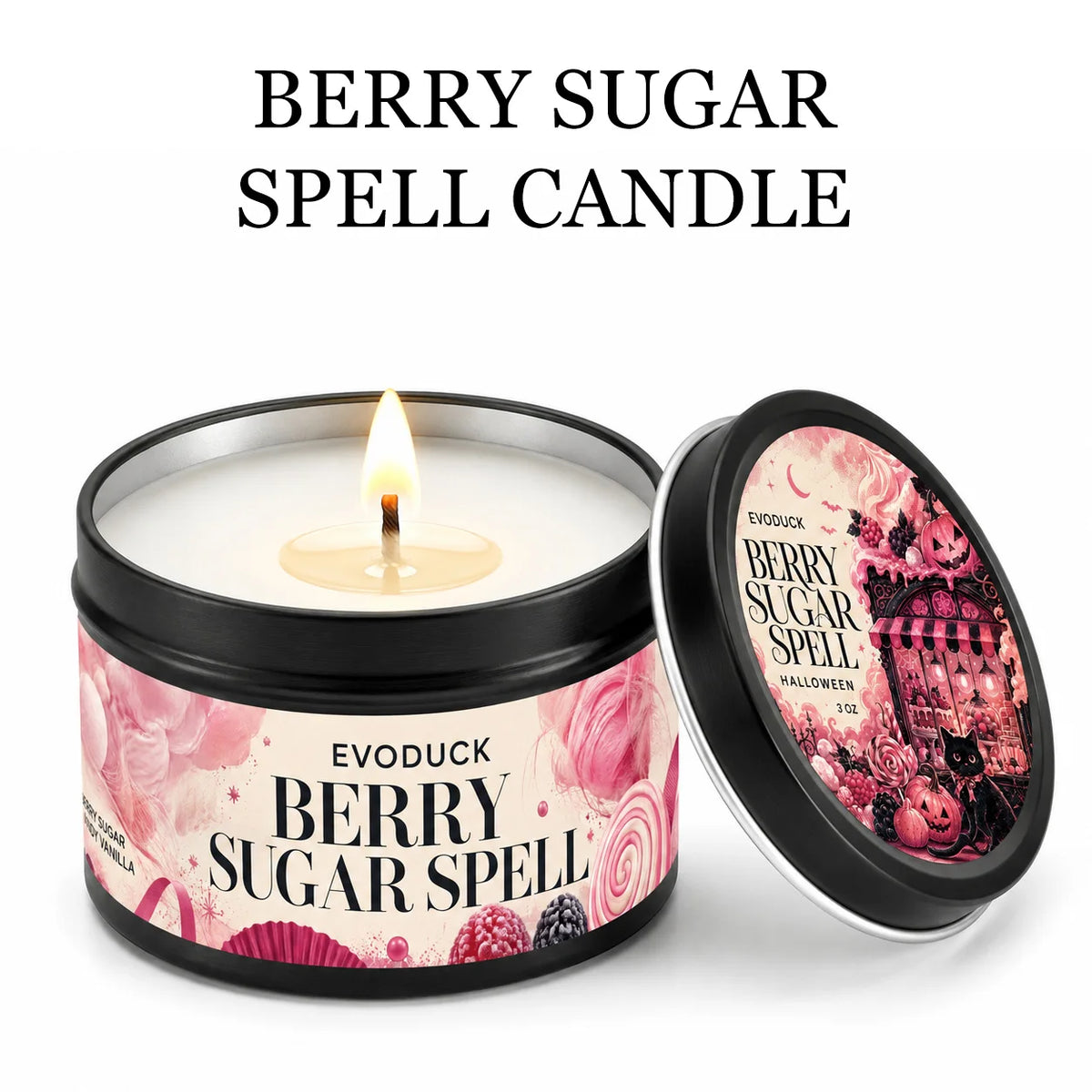 A jar of Berry Sugar Spell candle with a lit wick and an open lid shown next to the product title.