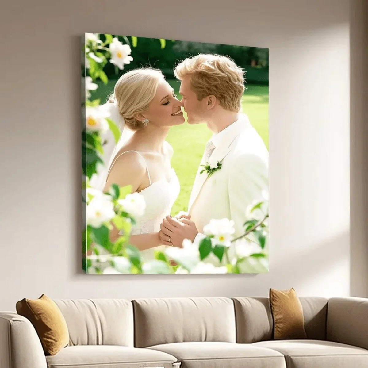 A framed canvas wall art featuring a blonde woman and a man kissing in a bright, green outdoor setting.