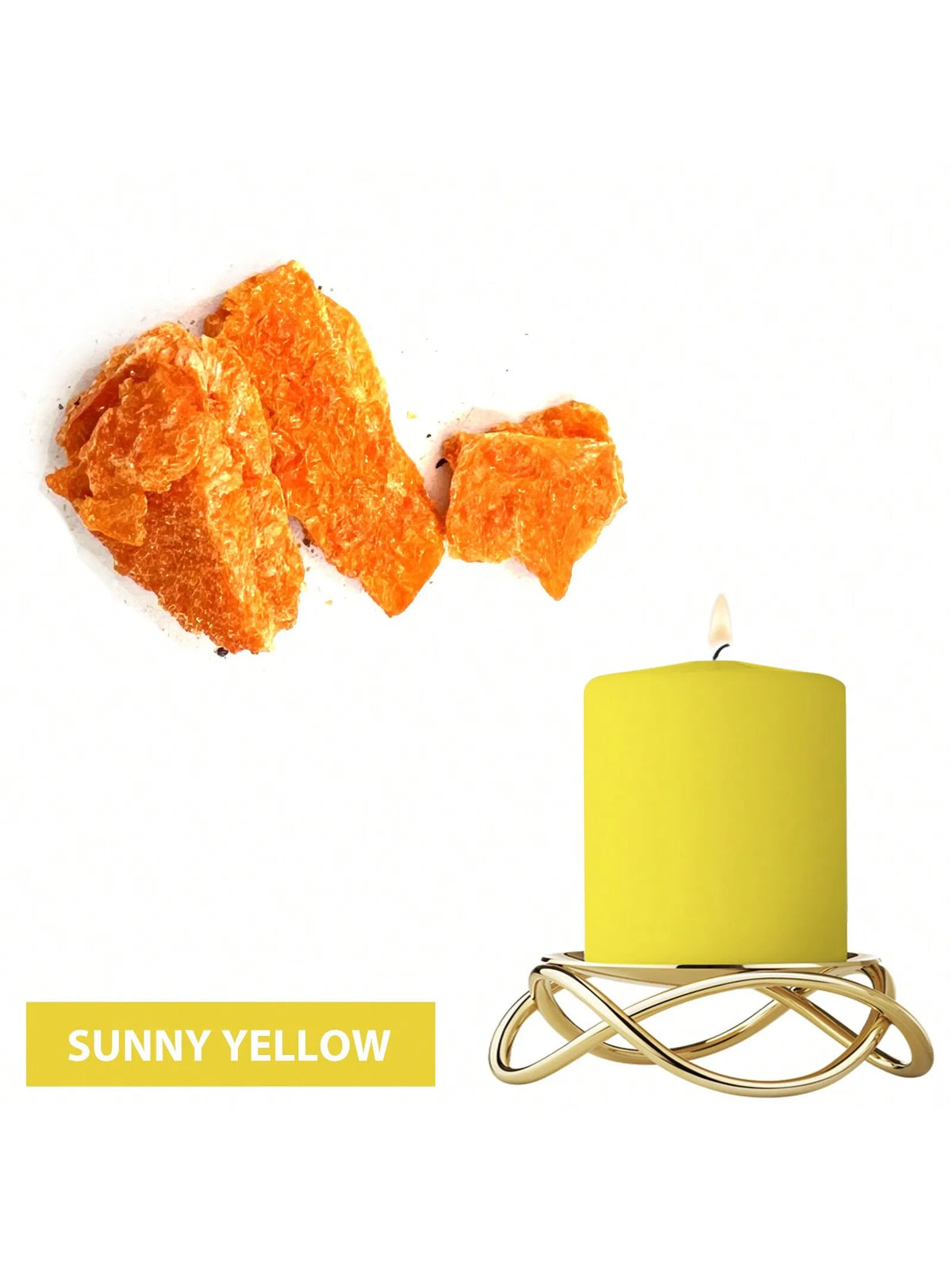 Sunny yellow candle in a gold wire holder with orange dye blocks