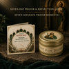 A tin of Saint Jude Thaddeus prayer candle with a gift box and a seven-day prayer guide resting on a dark surface.
