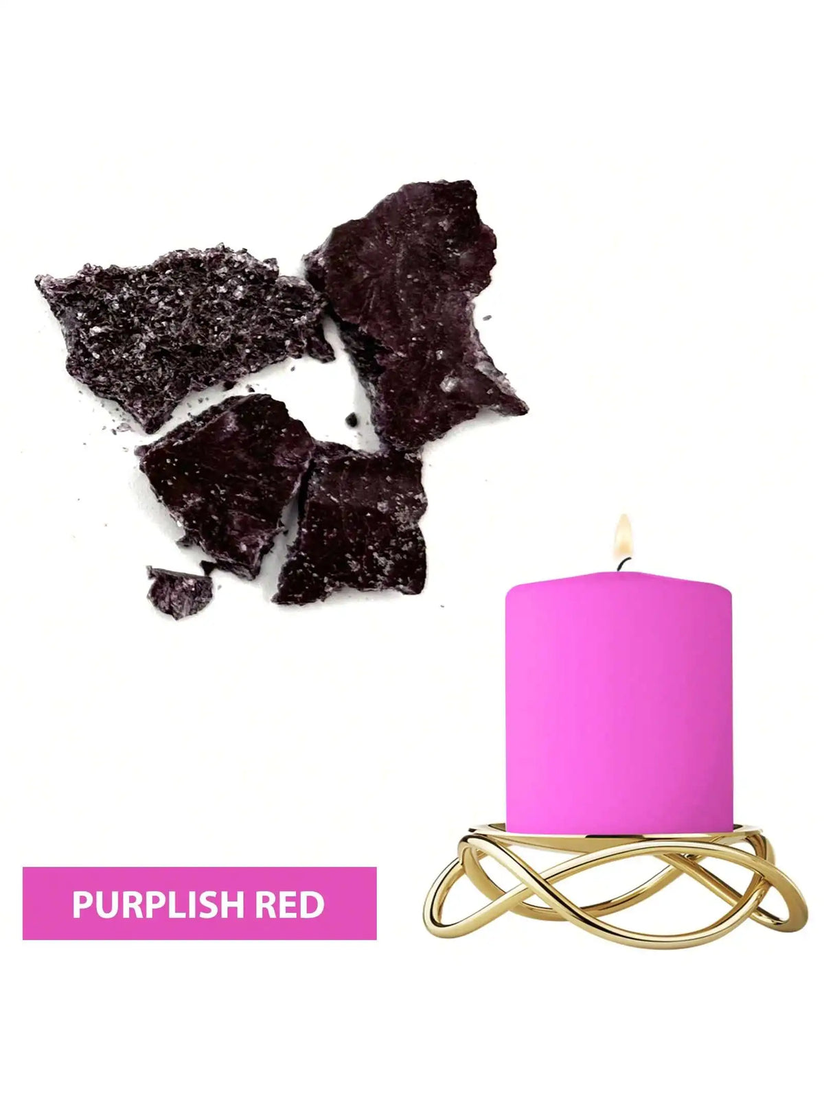 A pink candle in a gold wire holder next to dark purple and black dye blocks.