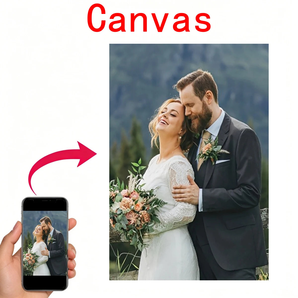 A couple embracing in wedding attire is displayed on a smartphone screen, suggesting custom photo canvas wall art.
