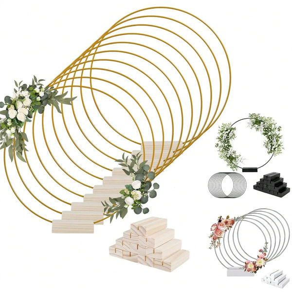 A set of ten gold metal hoop centerpieces with stands, featuring various sizes and styles.