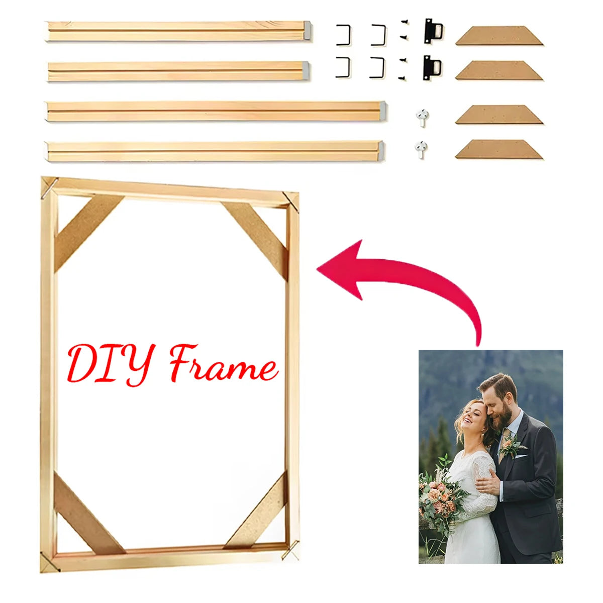 DIY frame kit with wooden slats and a finished gold-colored picture frame and photo.
