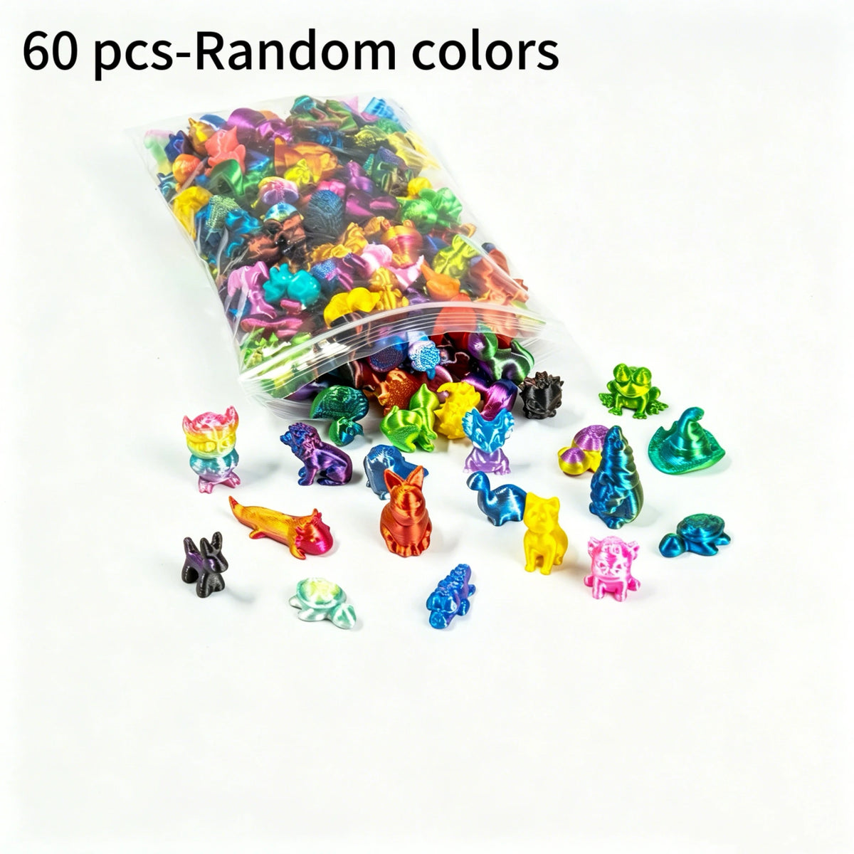 A pile of 60 assorted random colored mini animal figurines for desk and shelf decor.