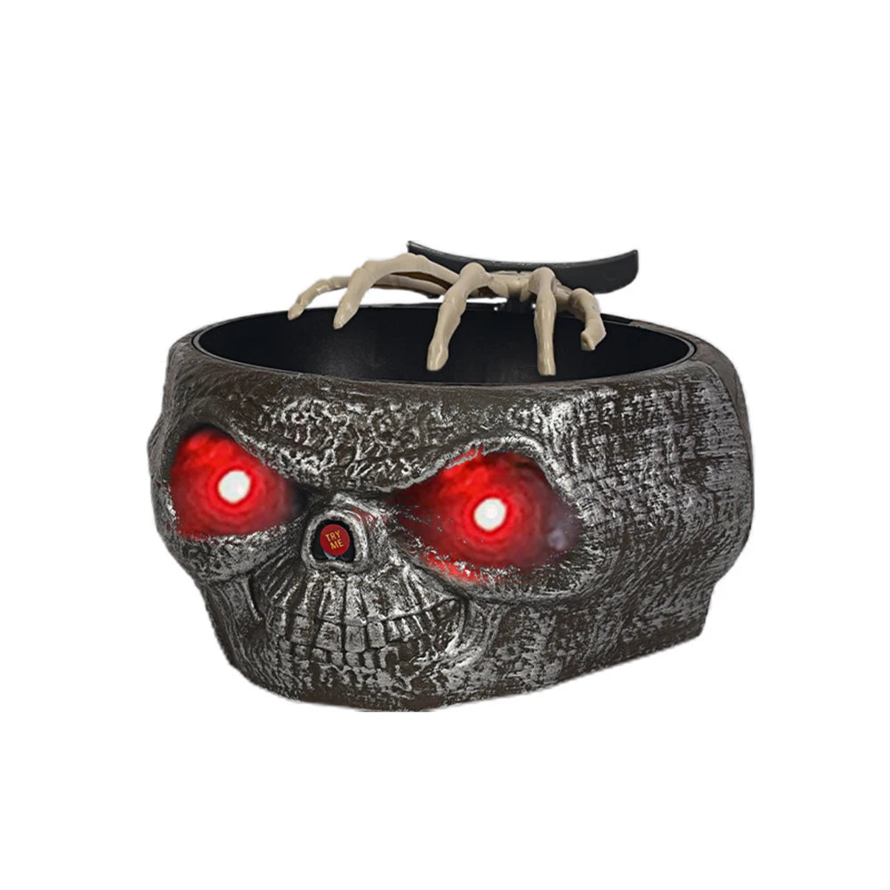 A dark, textured bowl shaped like a skull with glowing red eyes and spiky protrusions.