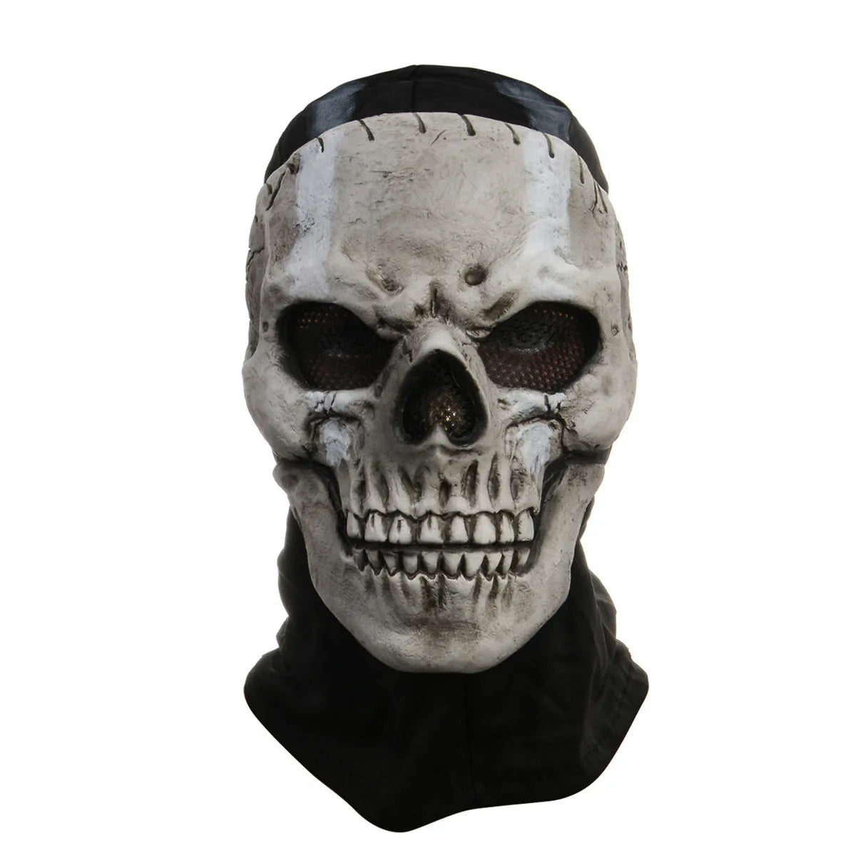Máscara de silikon para cosplay o airsoft con banda negra y orificios oculares oscuros.