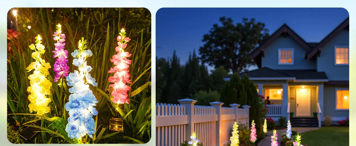 Four colorful solar-powered delphinium flower lights illuminating a garden pathway at dusk.
