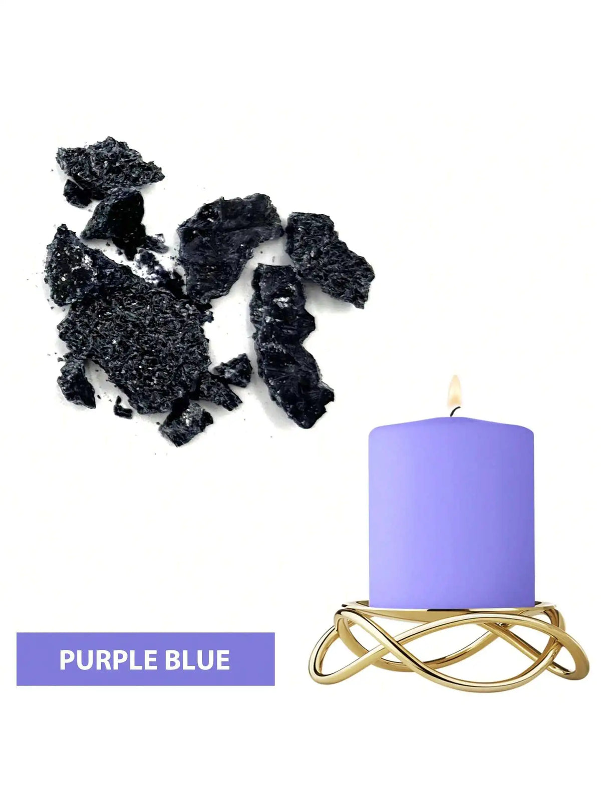 Purple blue candle in a gold wire holder next to dark purple dye blocks