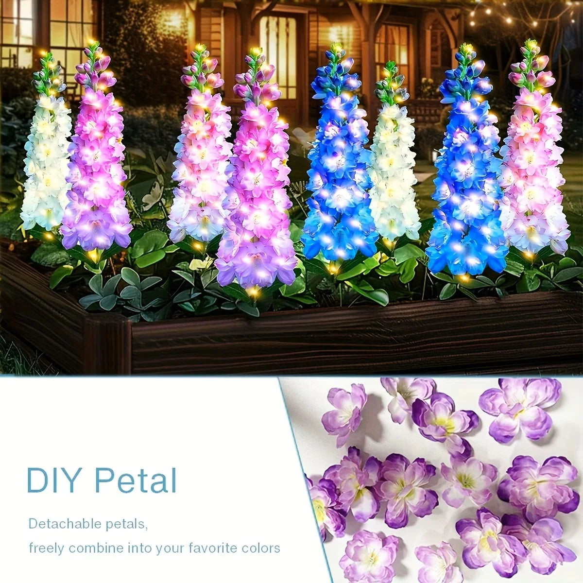 Four vertical arrangements of colorful LED petal lights in white, purple, and blue blooming in a garden setting