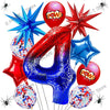 A collection of red and blue foil balloons shaped like the number 4, featuring a spider theme.