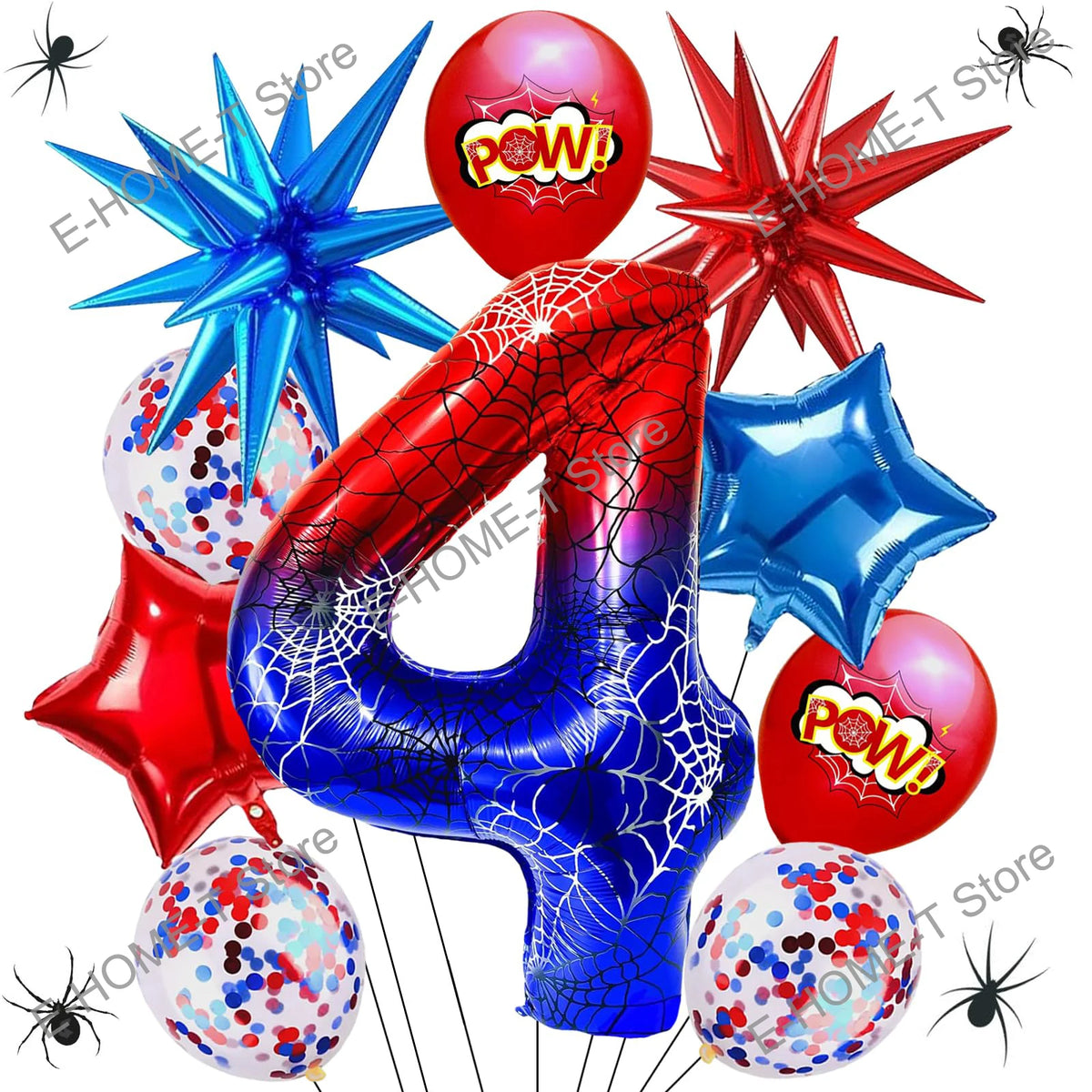 A collection of red and blue foil balloons shaped like the number 4, featuring a spider theme.