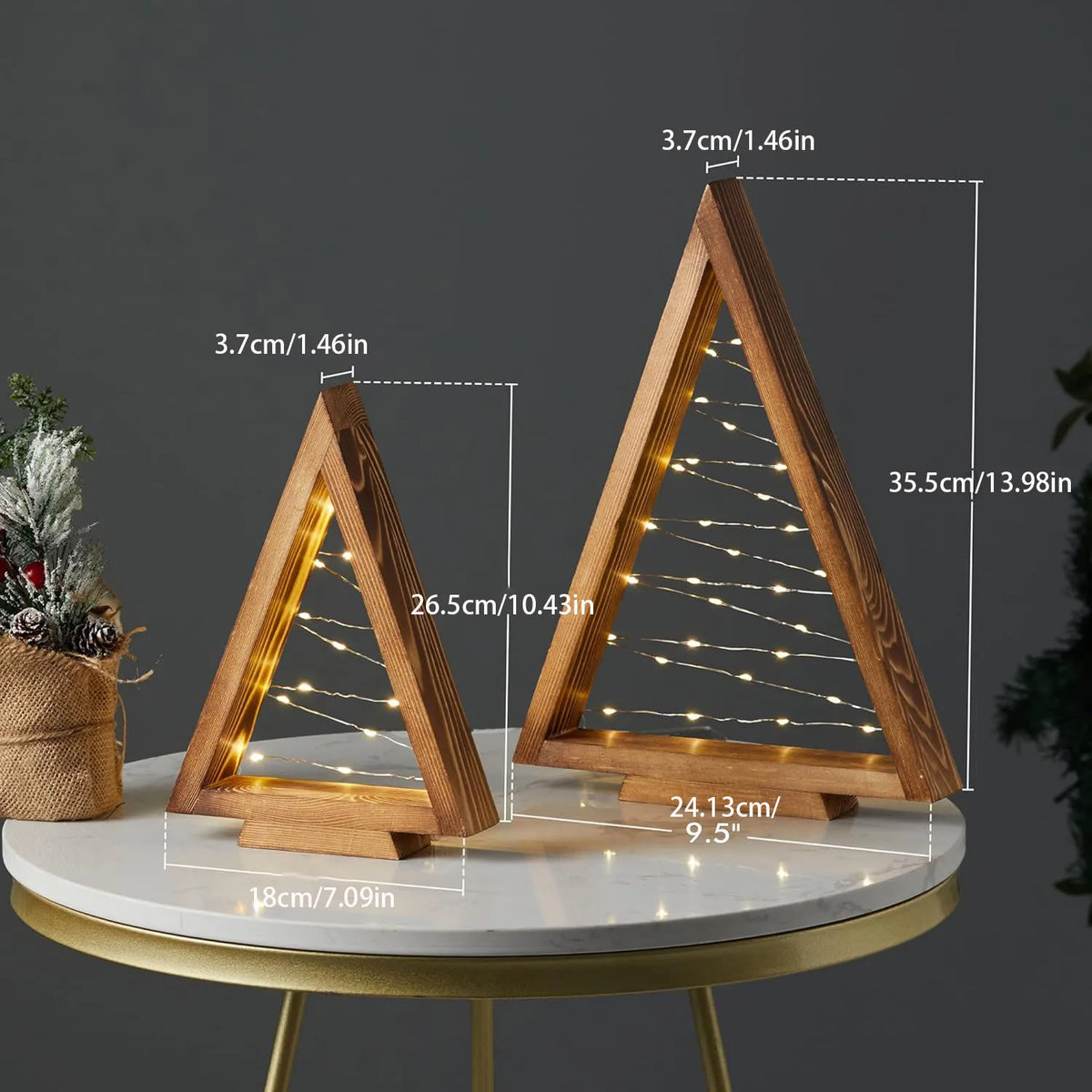 Set of 2 Wooden Tabletop Christmas Trees with Warm White Lights