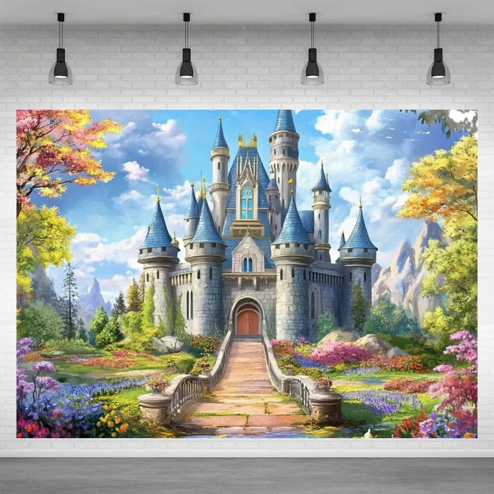 A painting of a large, ornate castle surrounded by lush greenery and colorful flowers, set against a bright sky.