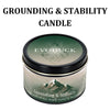 A jar of Evoduck grounding and stability candle with a dark lid and a label featuring a geometric design.