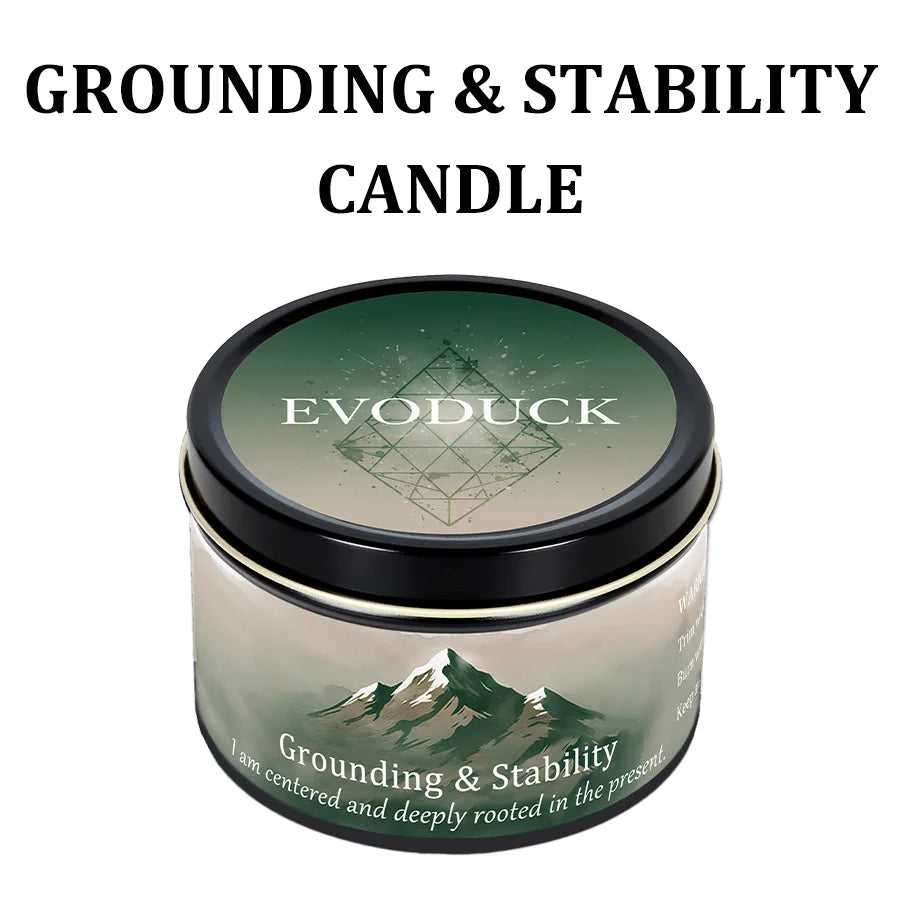 A jar of Evoduck grounding and stability candle with a dark lid and a label featuring a geometric design.