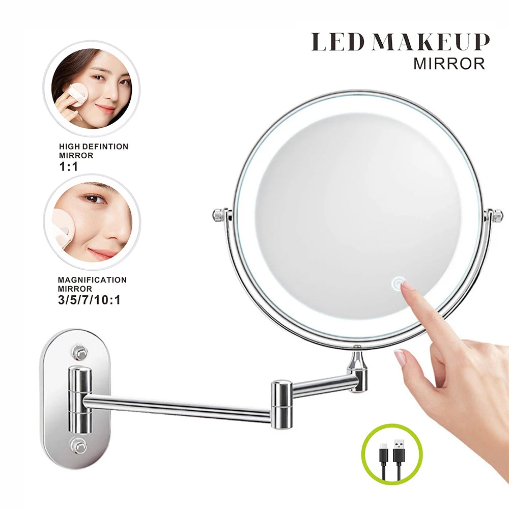 A round LED makeup mirror with a magnifying feature and USB charging port mounted on a wall.