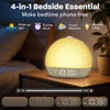A round bedside lamp with a digital display is shown next to a plant, demonstrating its 4-in-1 features.