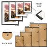 A set of three minimalist black aluminum picture frames with white mats shown from the front and back.