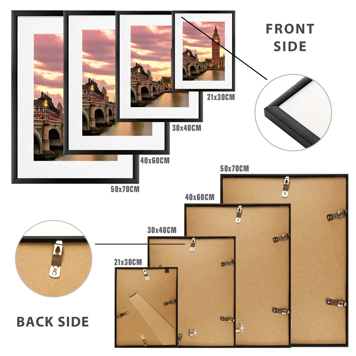 A set of three minimalist black aluminum picture frames with white mats shown from the front and back.
