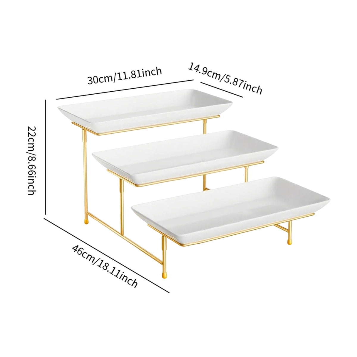 A three-tier rectangular serving platter stand with white ceramic plates and gold-colored metal legs.