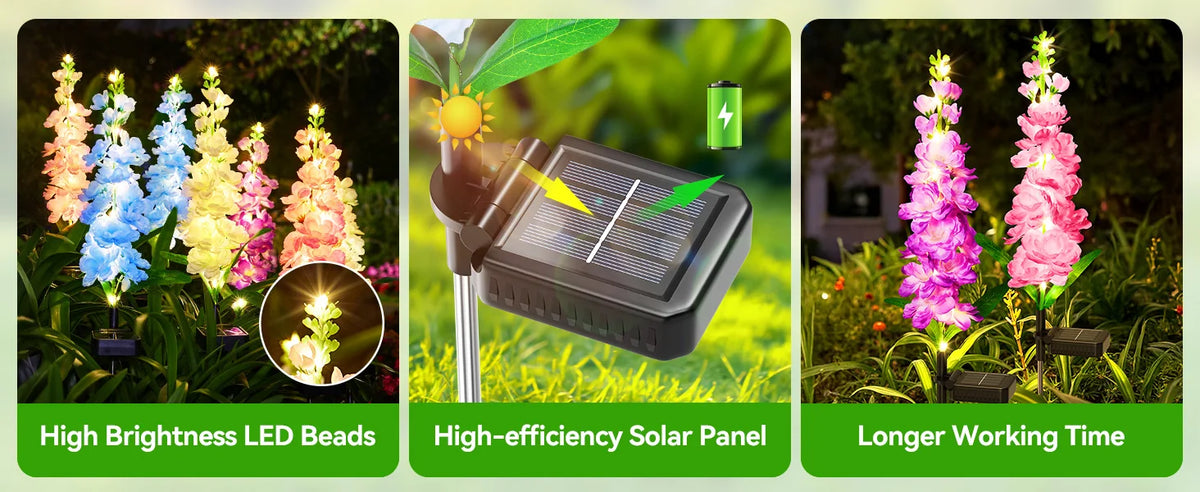 A set of four solar-powered LED flower lights illuminating delphinium flowers in a garden.