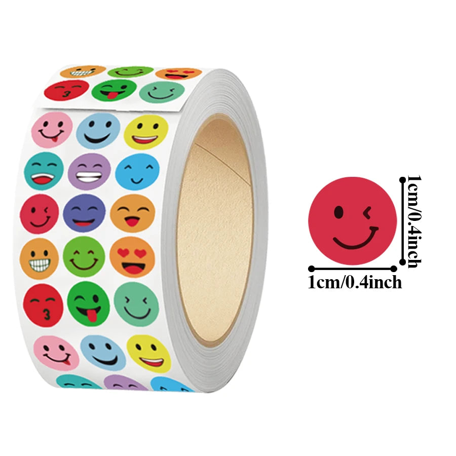A roll of multicolor round expression stickers with various smiley faces for packaging and organization.